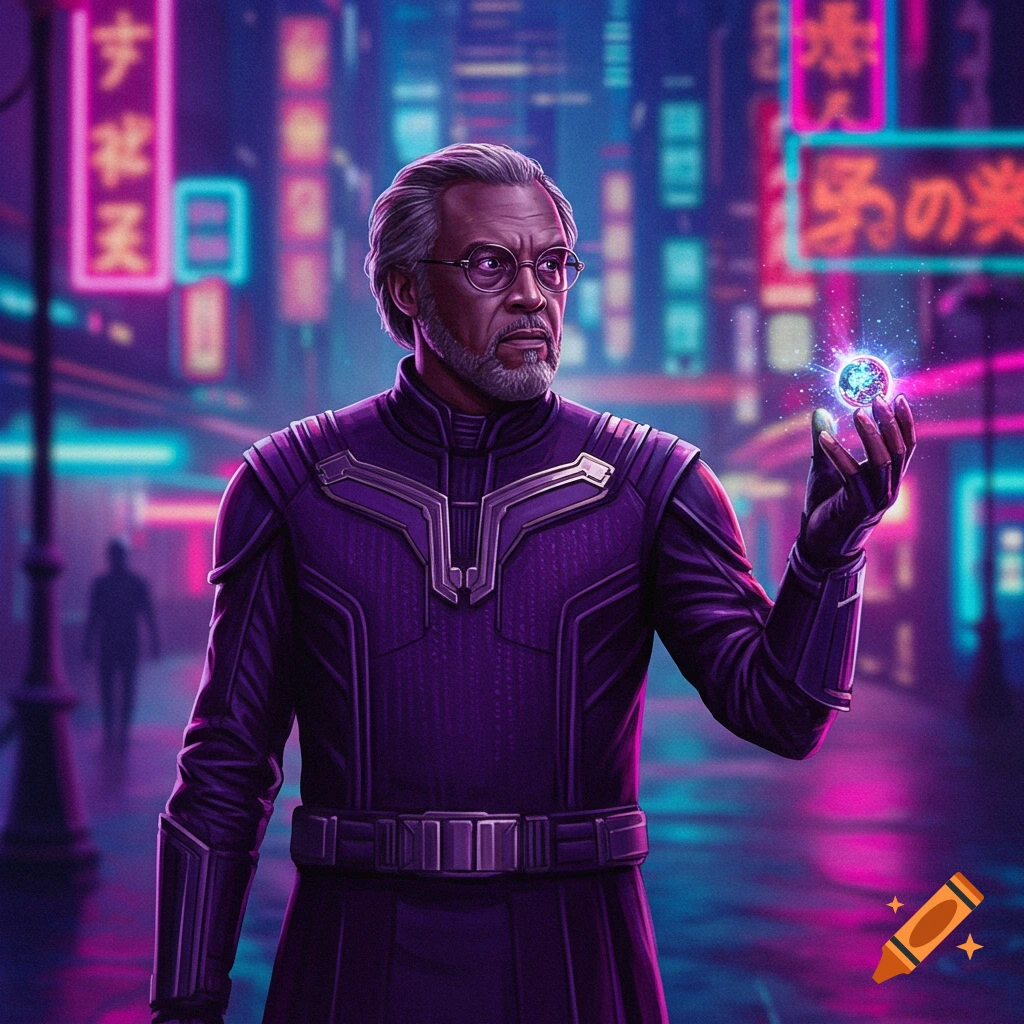 A man in a purple sci-fi suit holds a glowing orb in a neon cyberpunk city.