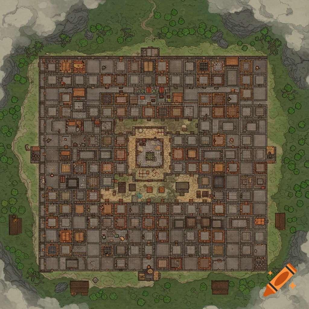 Overhead fantasy map of a square walled city with a central structure.