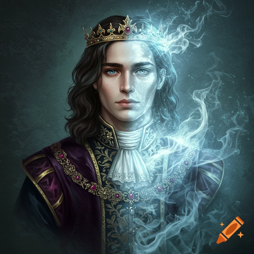 A half-ghost prince wearing a crown and ornate clothes, dissolving into smoke.