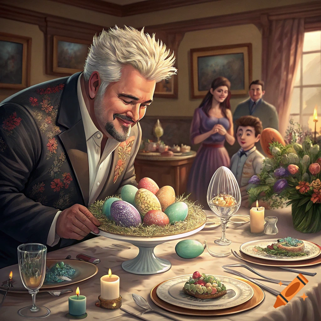 A man resembling Guy Fieri looks at Easter eggs on a dinner table with family in the background.