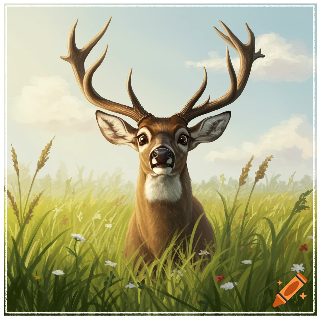 A deer with large antlers stands in a field of tall grass and wildflowers under a cloudy sky.