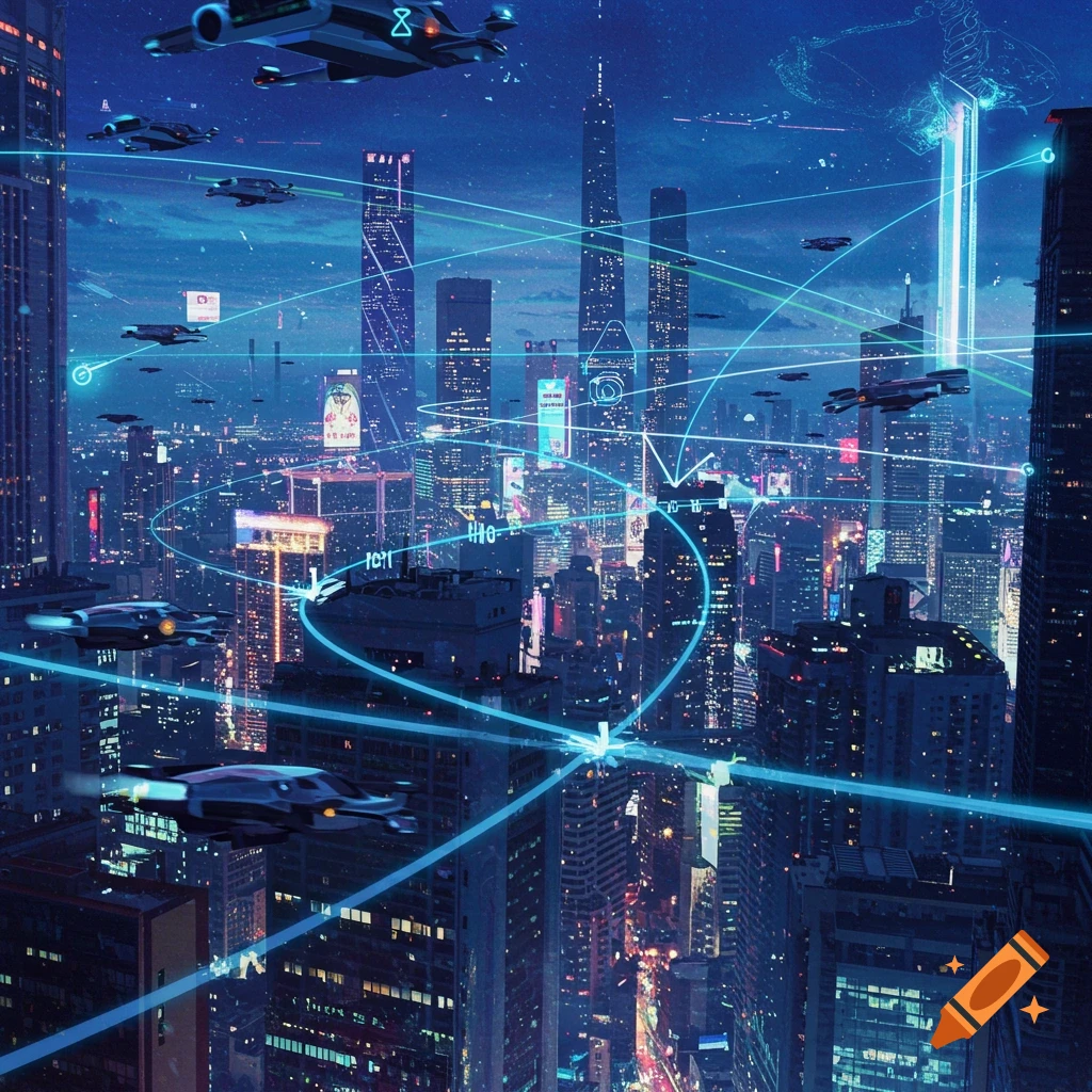 A futuristic city at night with flying cars and blue network lines connecting buildings.
