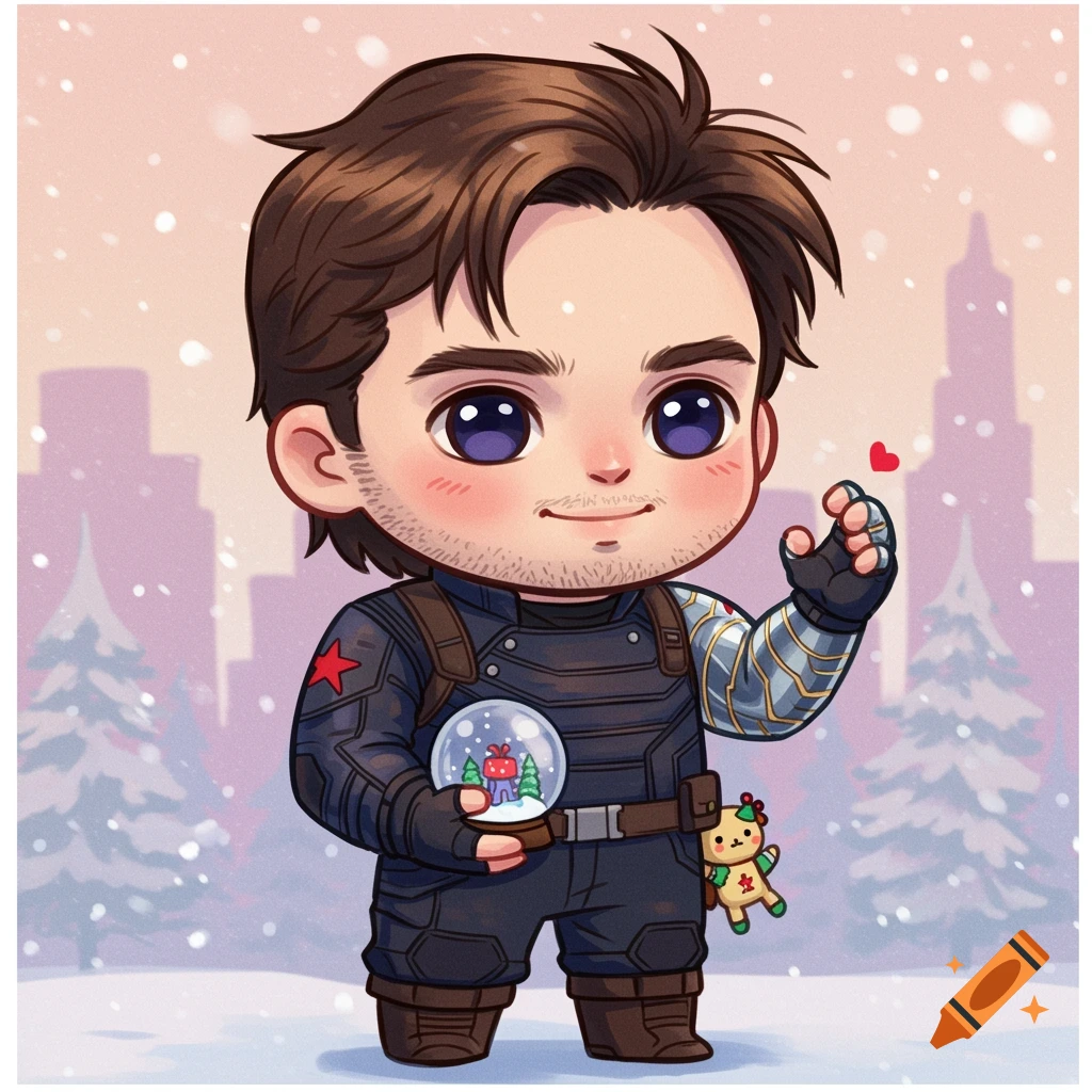 Cute chibi Winter Soldier holding a snow globe in a snowy city