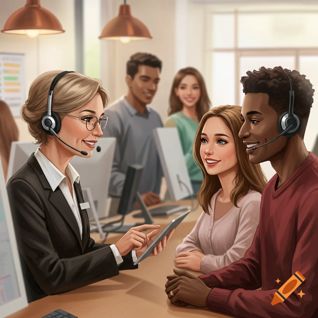 A customer service agent is showing a tablet to a smiling couple in an office setting.