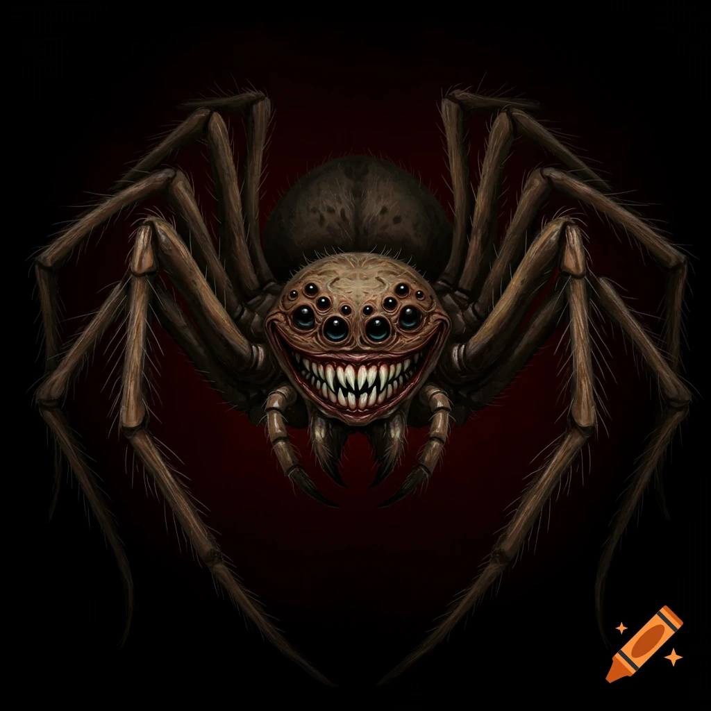 A creepy spider with many eyes and sharp teeth smiles at the viewer. Digital art.