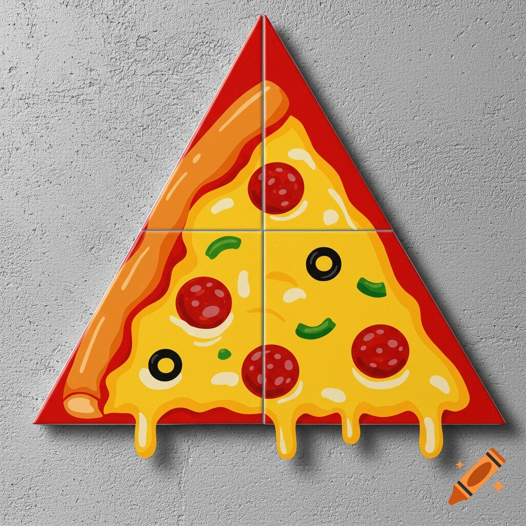 A stylized pizza slice made of four square tiles mounted on a gray wall.