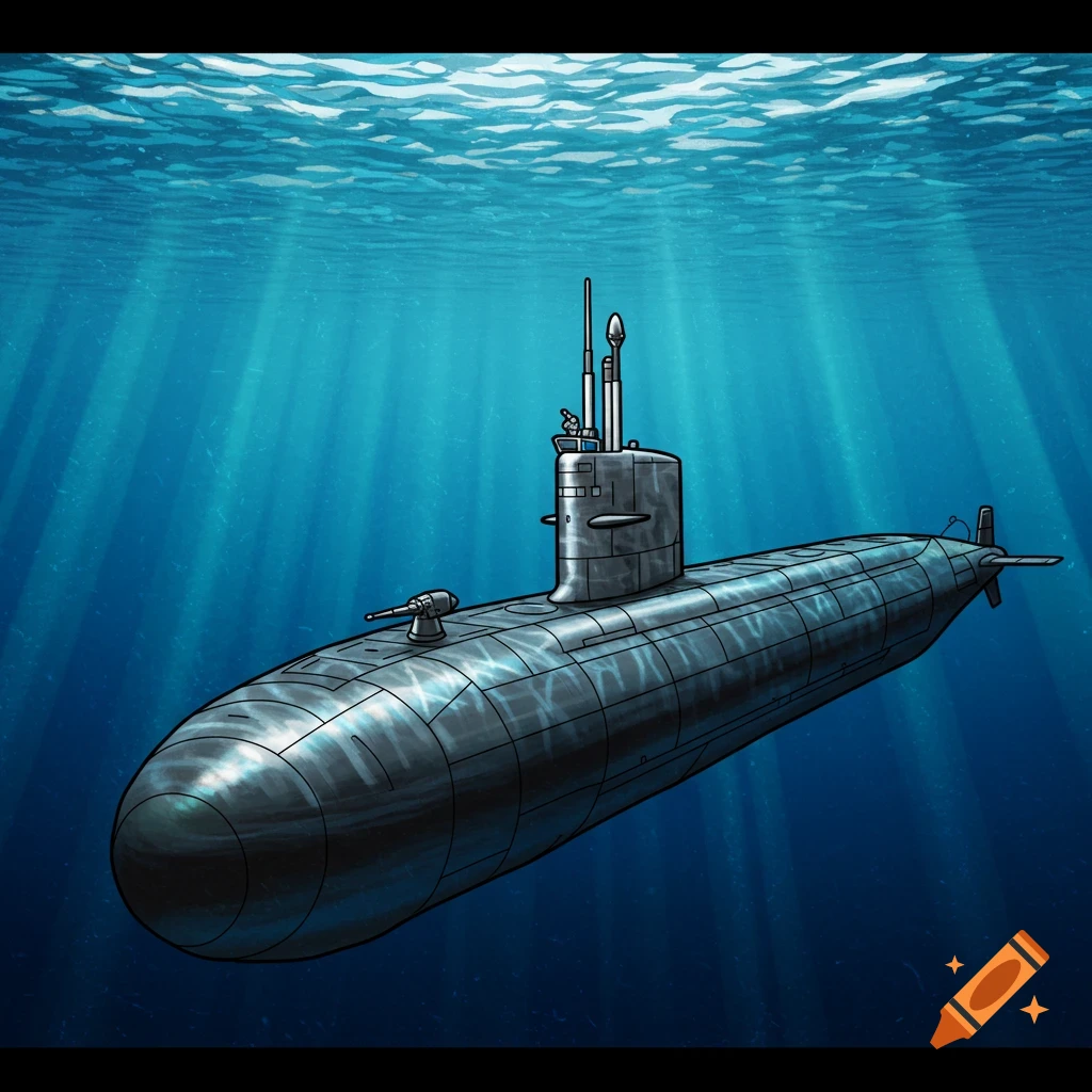 A dark grey submarine floats underwater with shafts of sunlight filtering down from the surface.