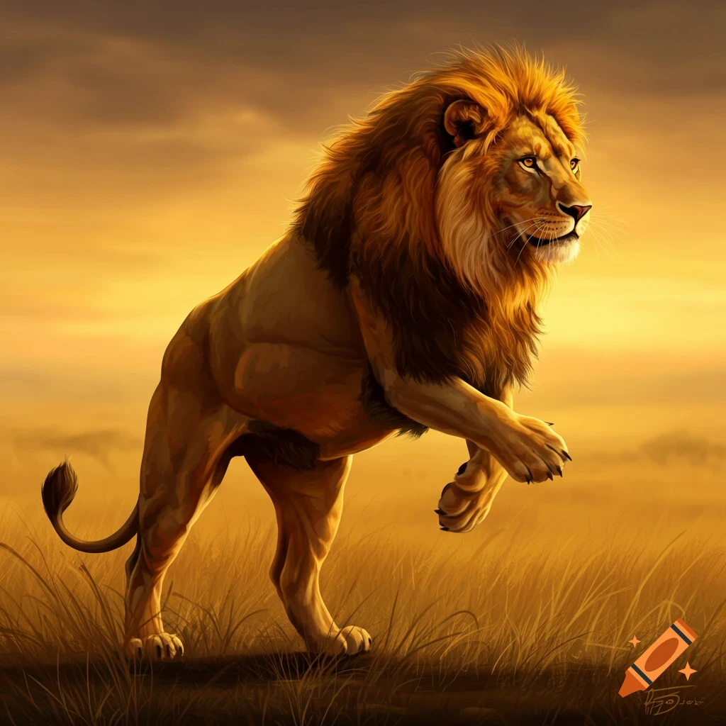 A powerful lion stands with one paw raised in golden light.