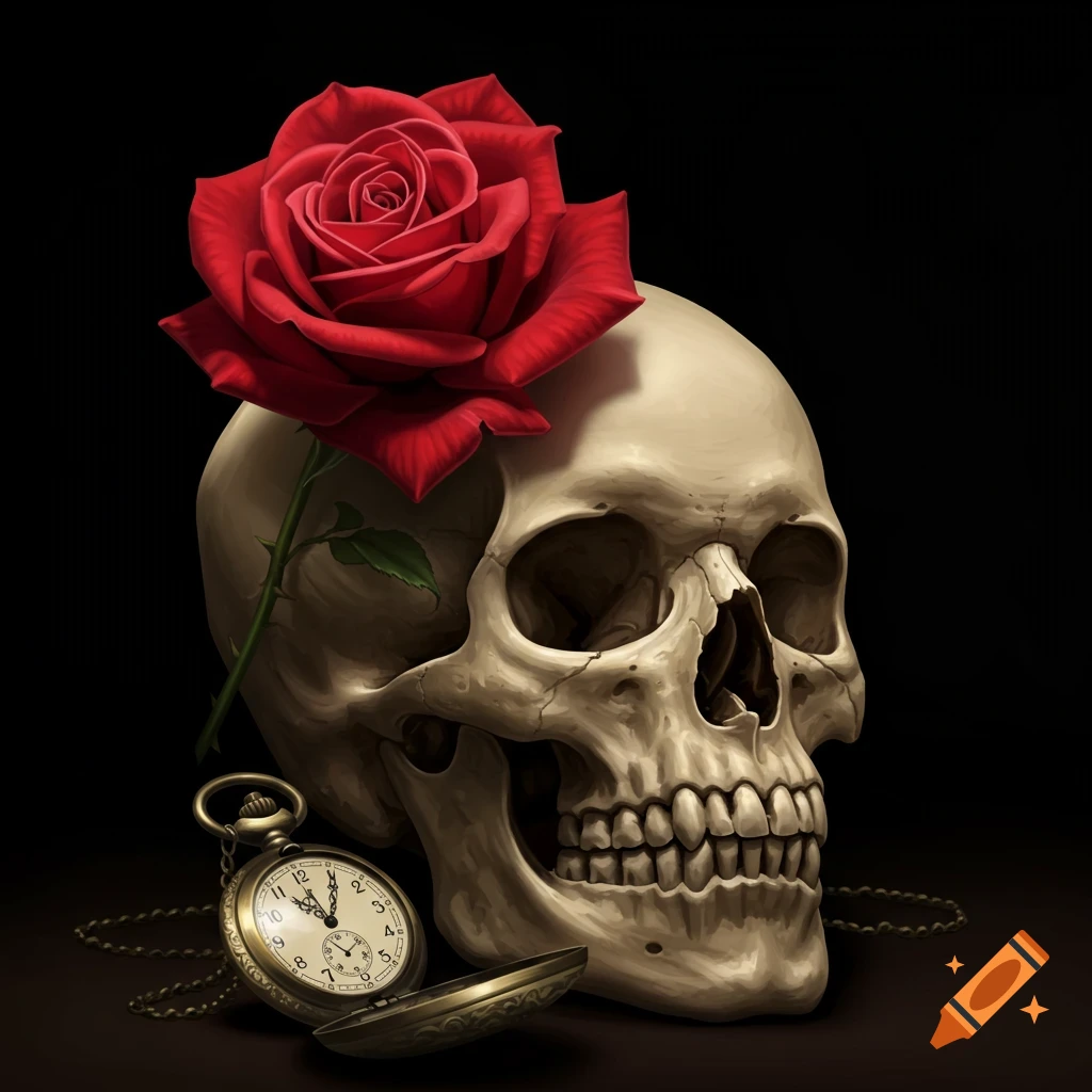 A skull with a red rose and a pocket watch.