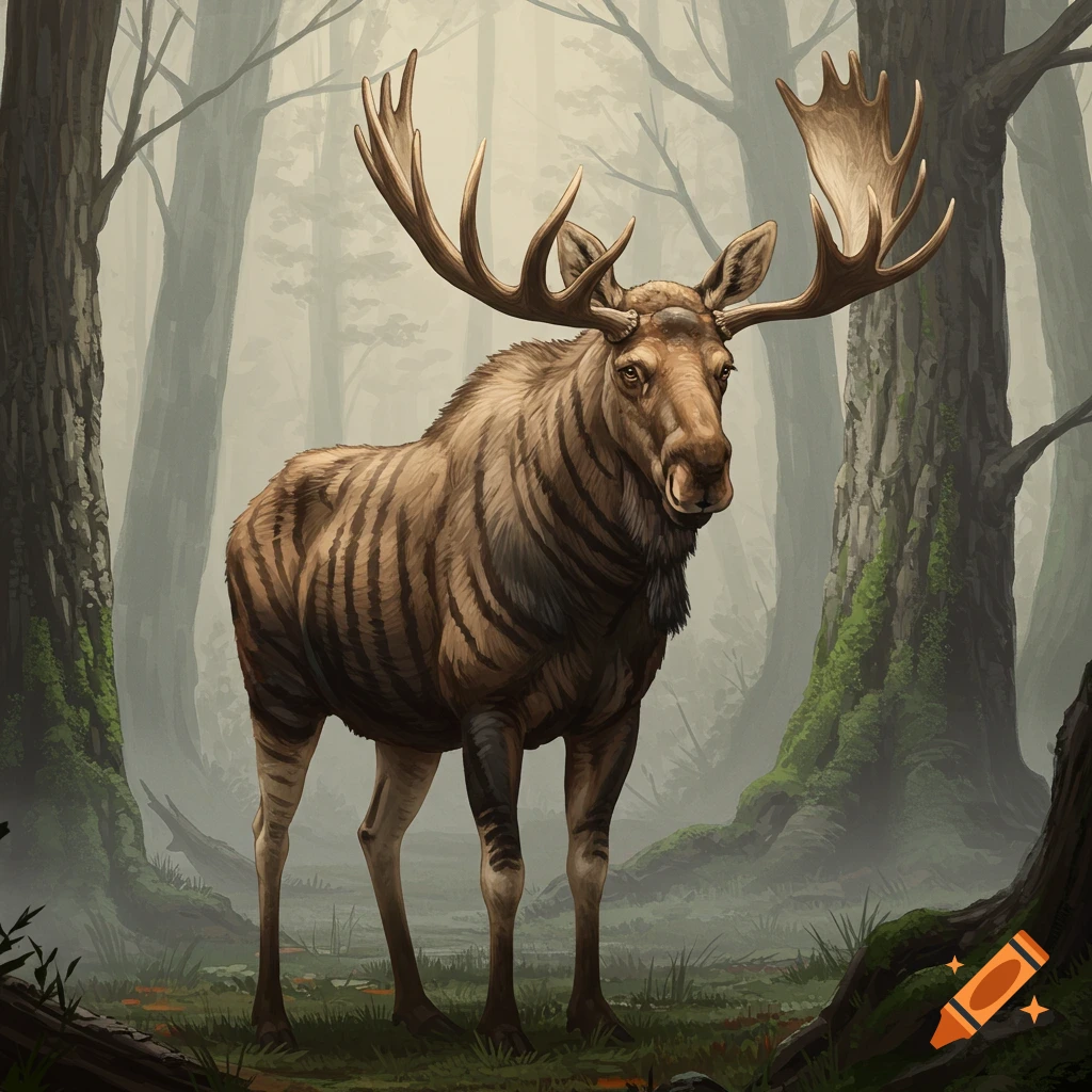 A striped moose stands in a misty forest.