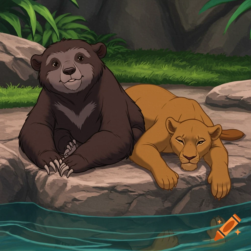 A cartoon sloth bear and a lioness lie on rocks near water.