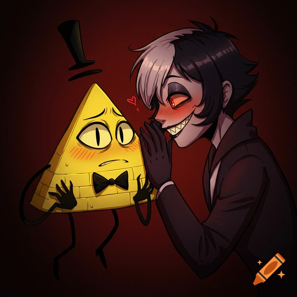 A shy yellow triangle character with a top hat blushes as a sharp-toothed person whispers into their ear. Cartoon style.