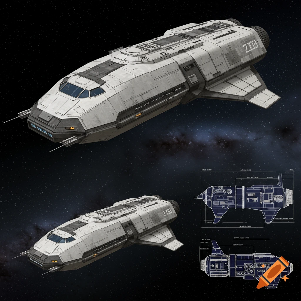 A futuristic spacecraft and its blueprint floating in space.