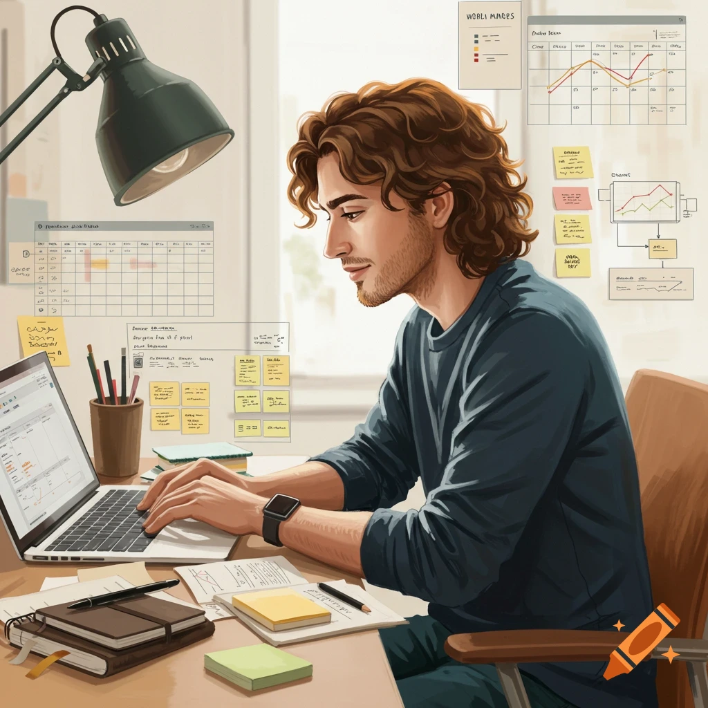 A man working on a laptop at a desk covered in productivity notes and charts.