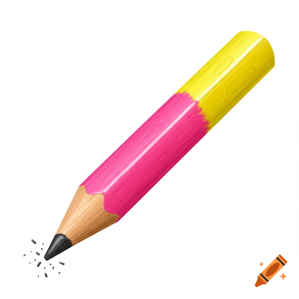 A pink and yellow pencil with lead shavings around the tip.