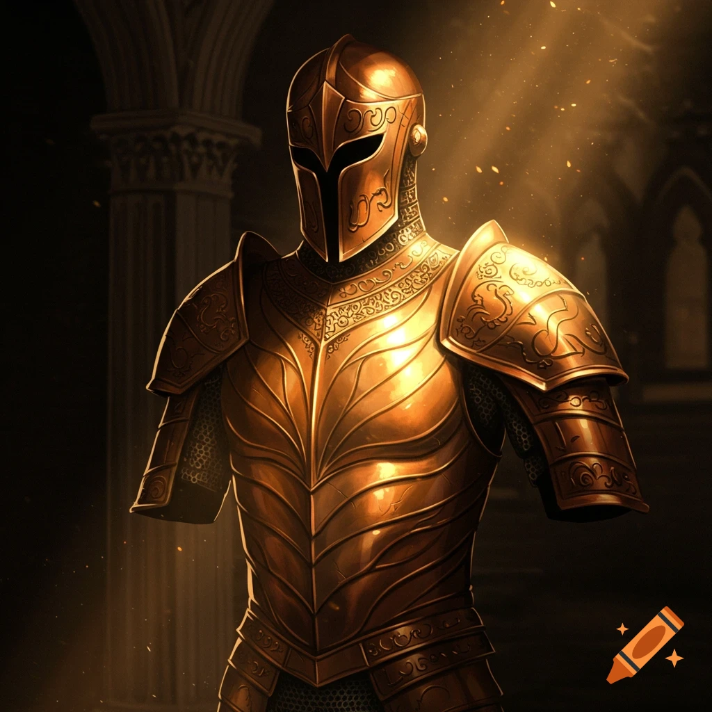 Ornate golden armor illuminated by sunlight