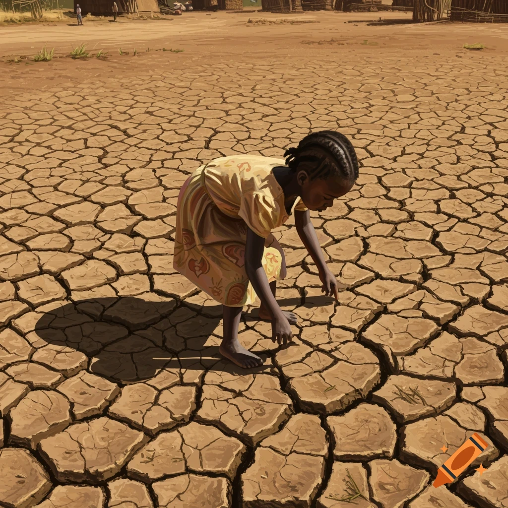 A young girl touching cracked, dry earth in a drought-stricken rural African village.
