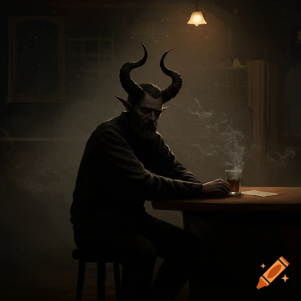 A shadowy horned man sits alone at a bar in a dark image.