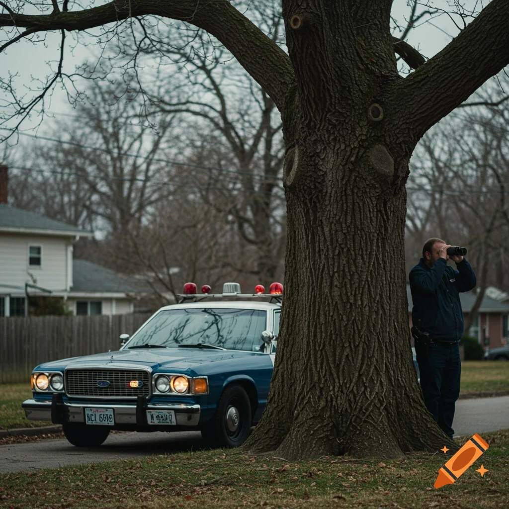 A blue police car is parked behind a large tree on a street, with a man standing by the tree using binoculars.