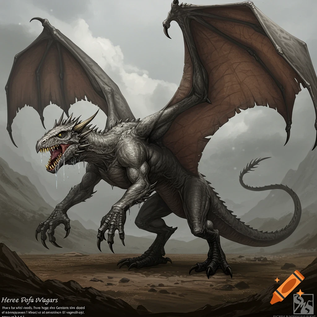 A large gray dragon with leathery wings stands on rocky ground in a mountainous landscape under a cloudy sky.