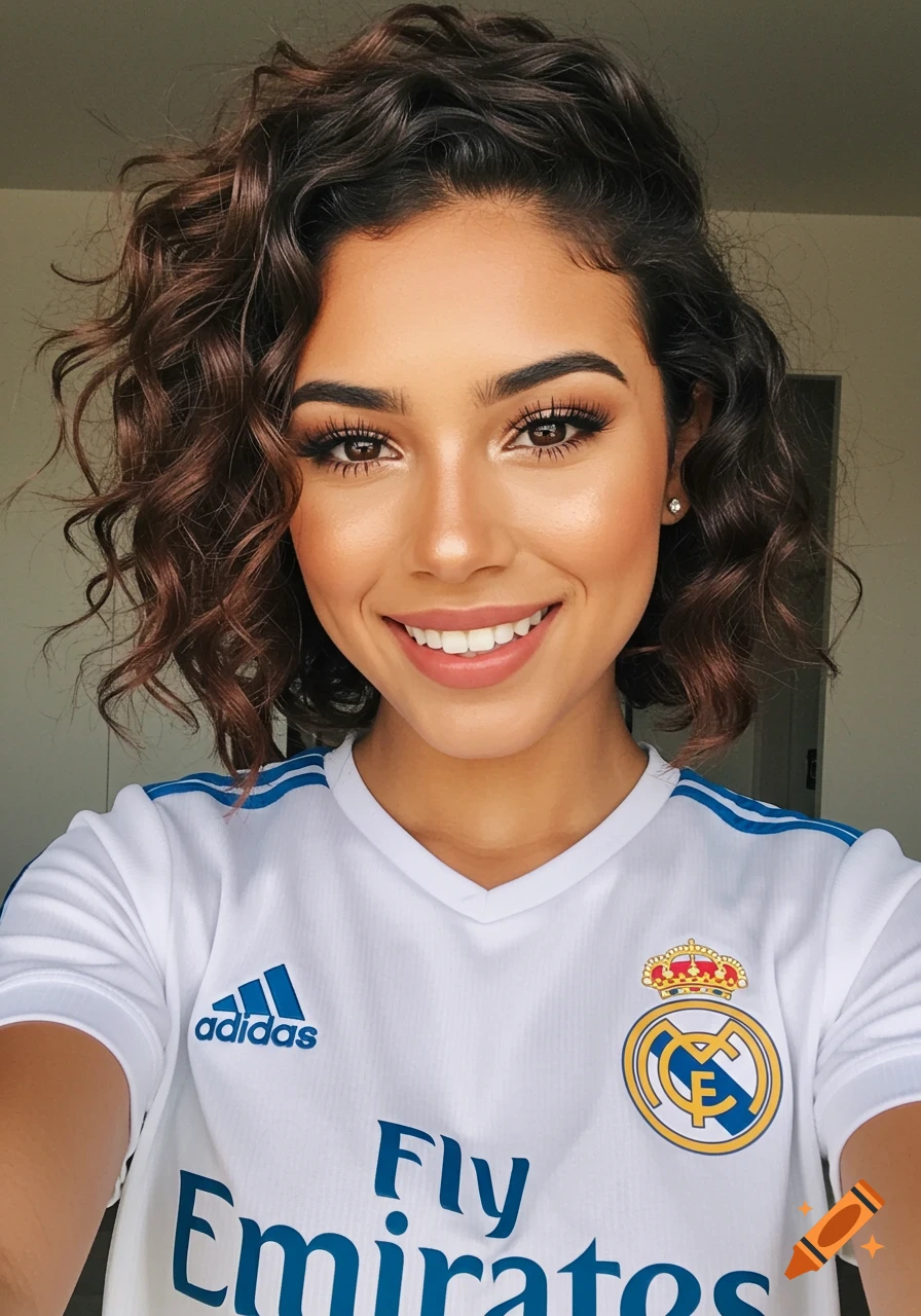 A smiling woman with curly brown hair wearing a white Real Madrid jersey.