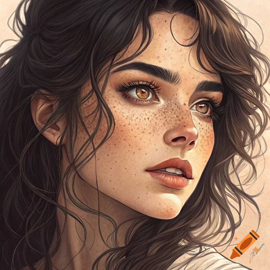 Close-up digital art portrait of a young woman with freckles and wavy dark hair.