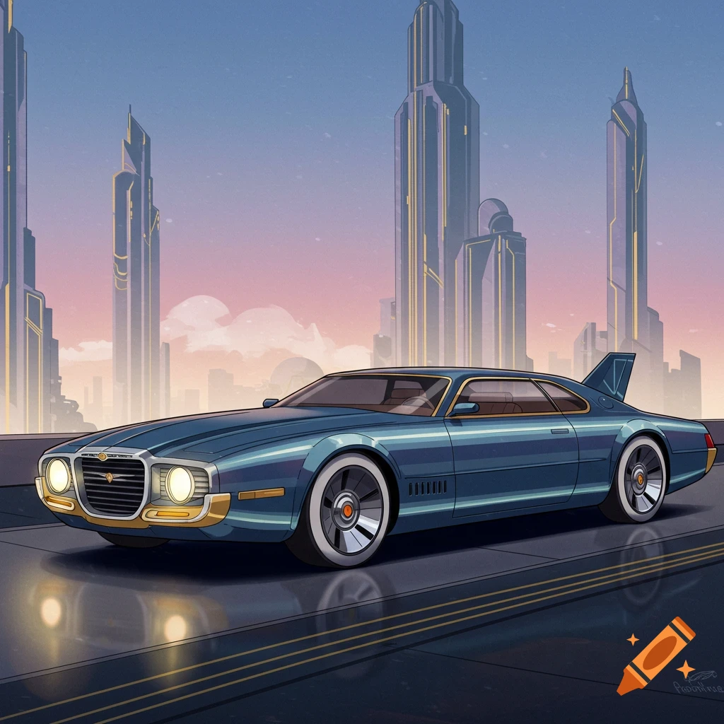 A futuristic blue art deco car in a cityscape.