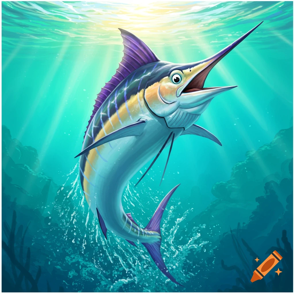 Smiling marlin fish leaping out of the water