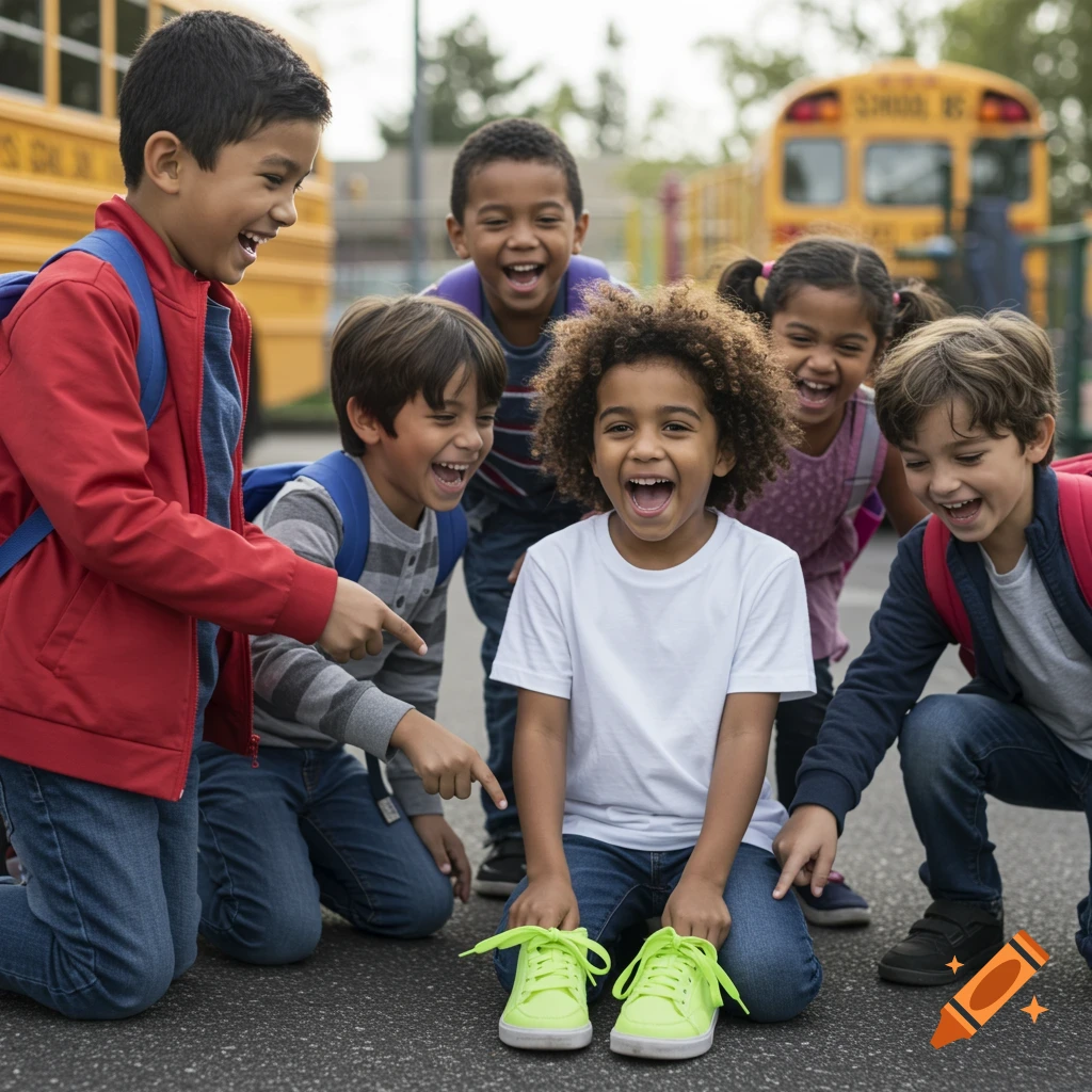 Group of diverse kids laugh and point at shoes outdoors with a school bus in the background.
