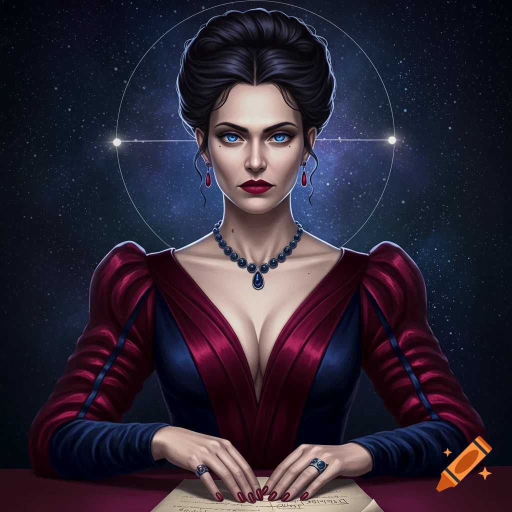 A stern woman with blue eyes wears a low-cut red and blue dress and ornate jewelry. Her hands rest on a paper document, and she stands against a starry space background with a constellation.