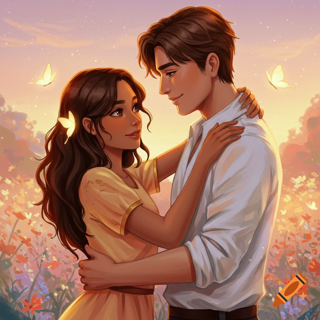A couple embracing in a flower field at sunset.