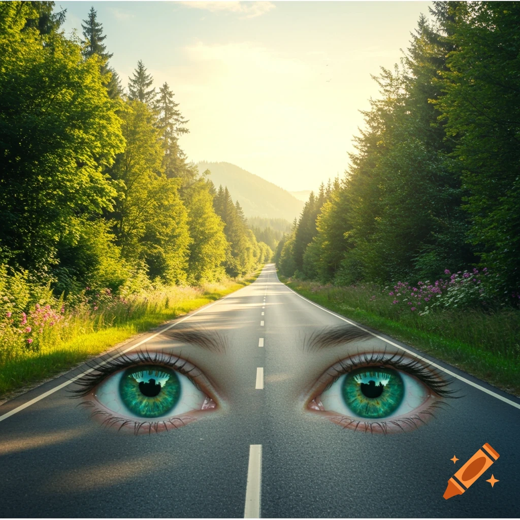 Large green eyes superimposed on a road stretching through a sunny forest landscape.