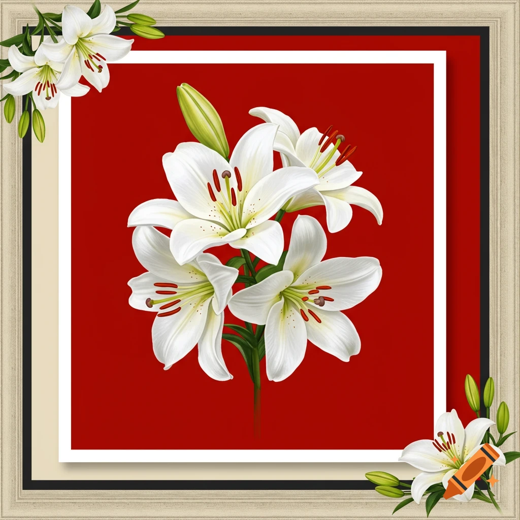 Digital illustration of white lilies in a layered frame against a red background.
