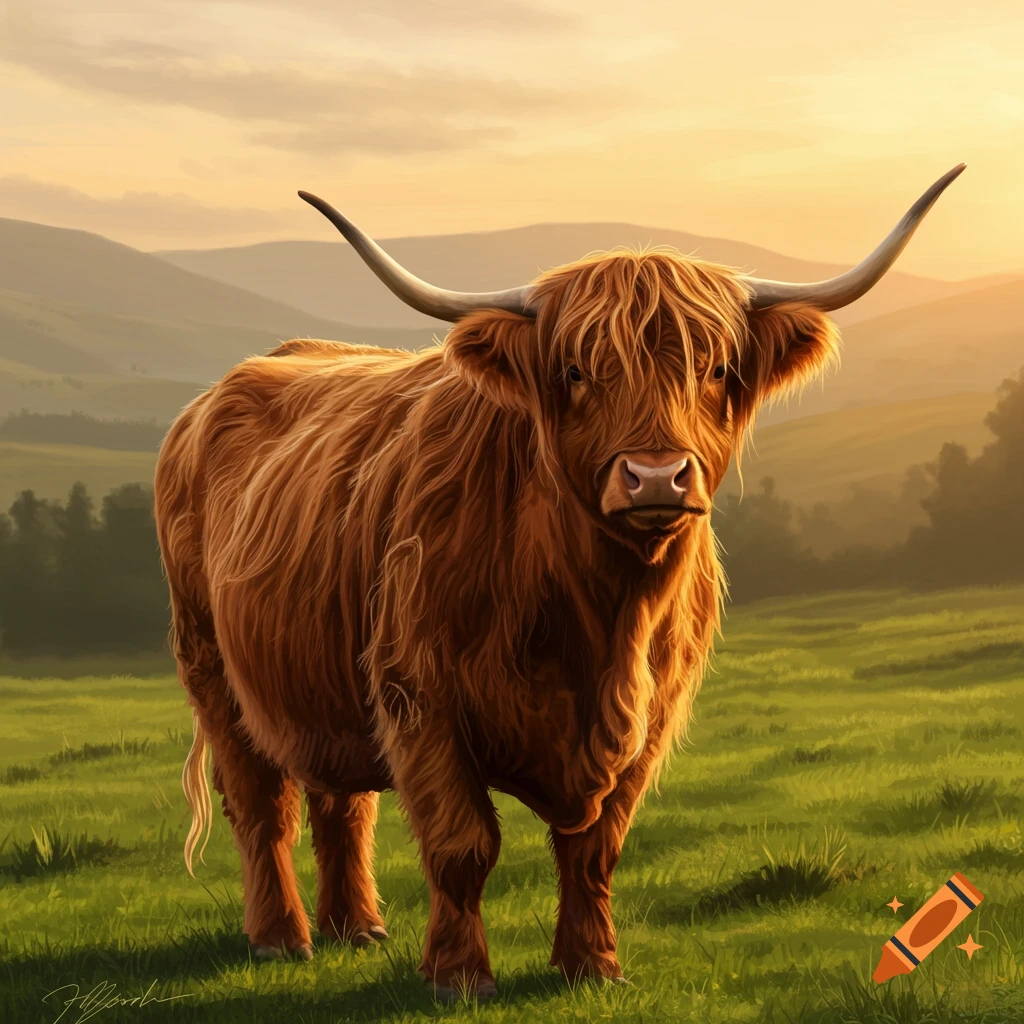 A furry Highland cow stands in a grassy field at sunset with rolling hills in the background.