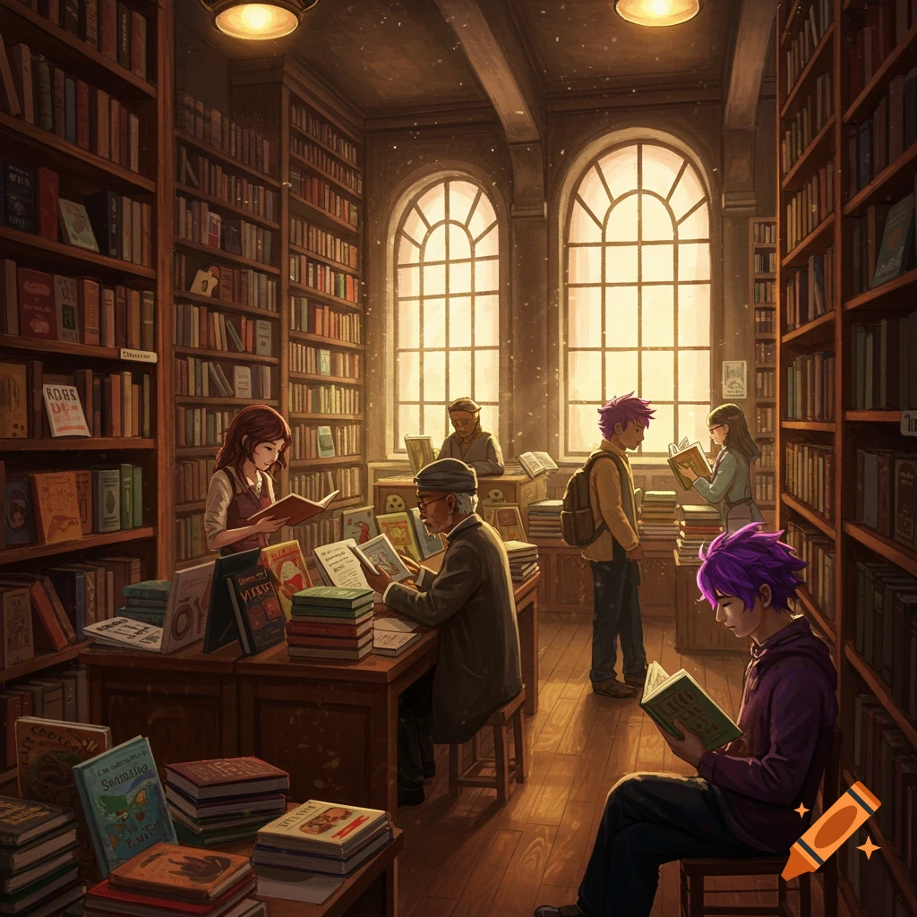 people reading books in a sunlit library