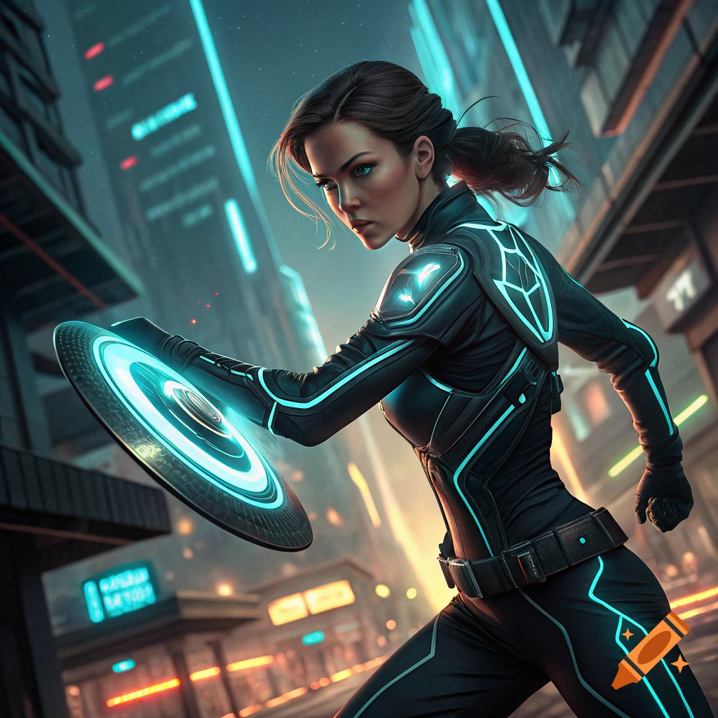 Woman in futuristic suit holds glowing disk in cyberpunk city.