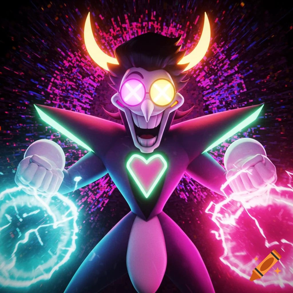 Spamton NEO character in a vibrant, glitchy digital space, generating glowing energy in his hands. 3D render.