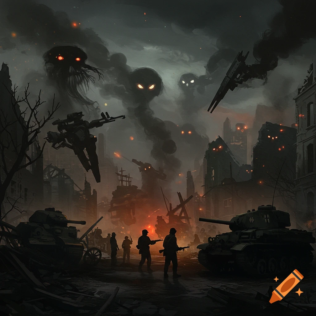 A depiction of soldiers and tanks in a ruined city under a dark sky filled with shadowy figures with glowing eyes.
