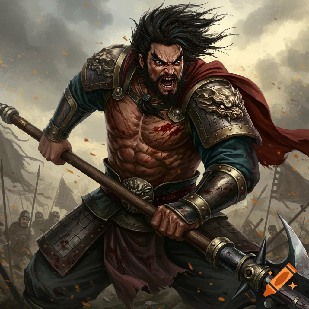 A fierce warrior in armor holding a weapon on a battlefield.