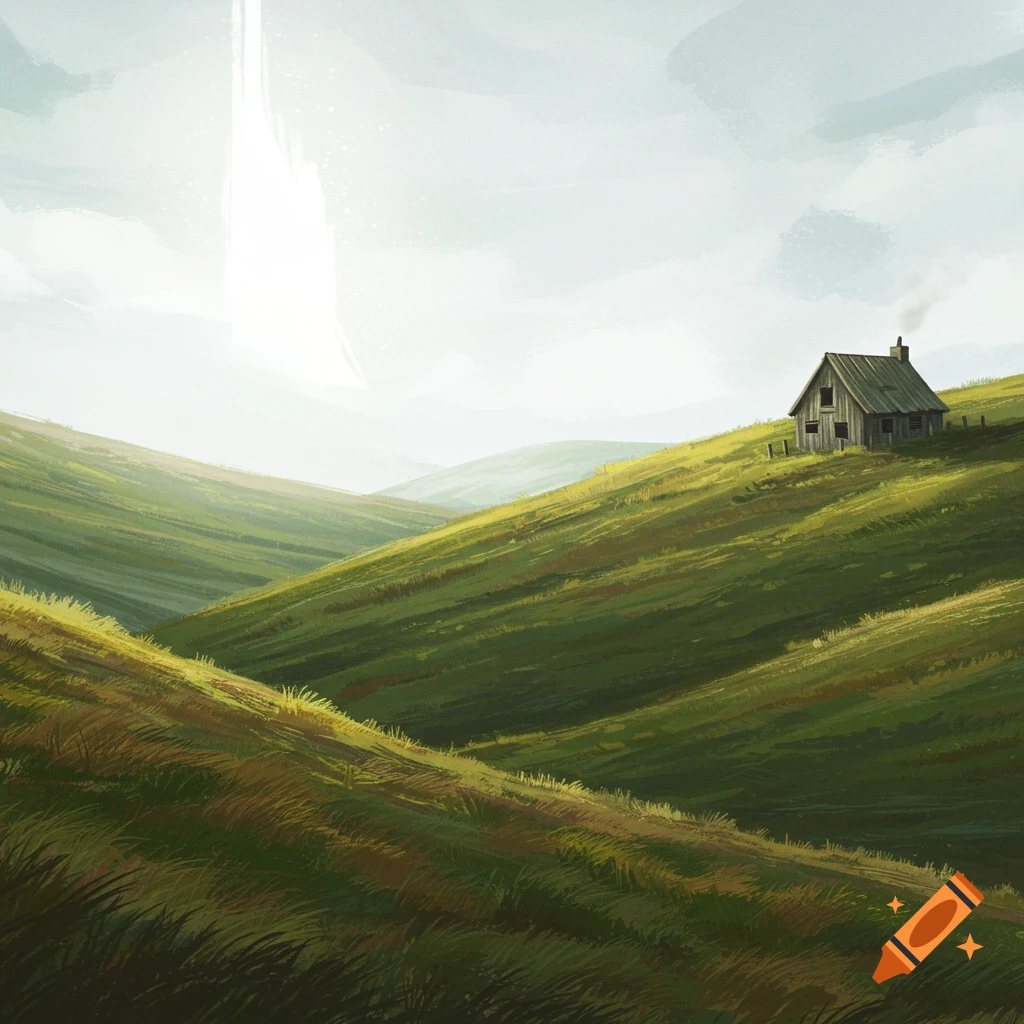 Rolling green hills with a small cottage on the right and a bright white light on the left.