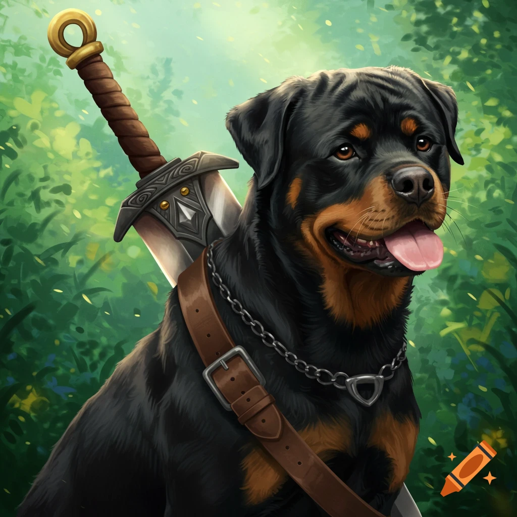 A Rottweiler dog carrying a sword on its back in a forest.