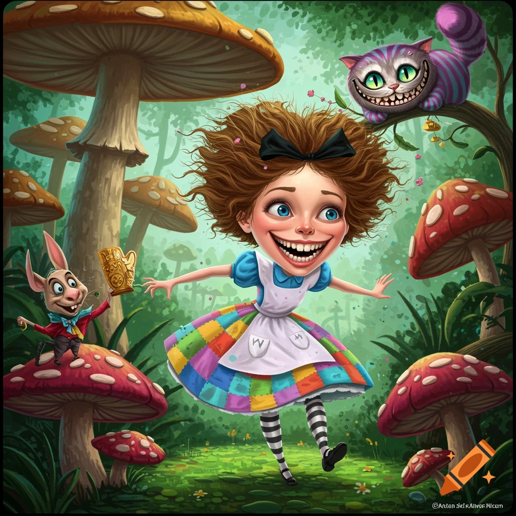 Cartoon Alice in Wonderland characters in a mushroom forest with Cheshire Cat and White Rabbit.