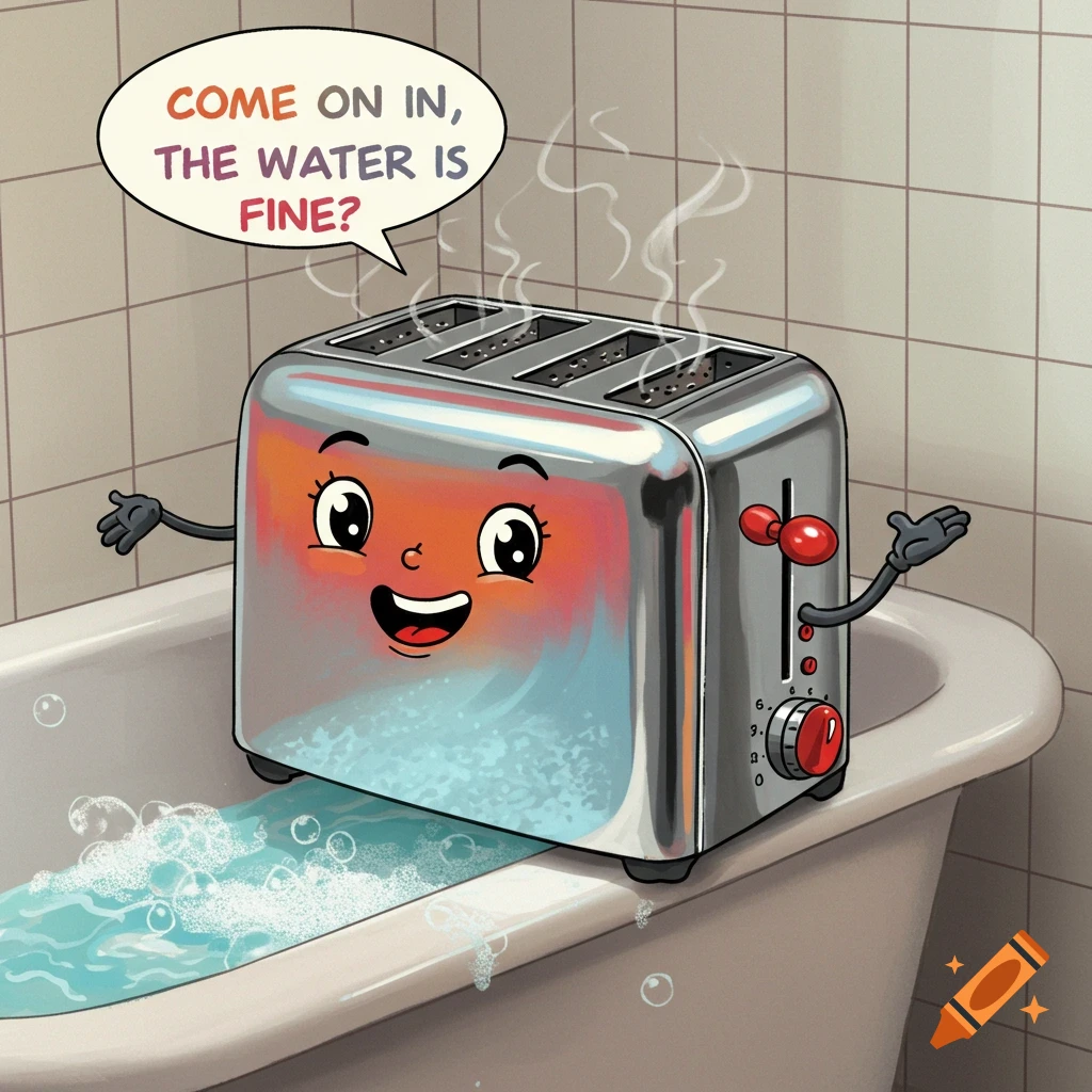 A cartoon toaster with a face and arms sits in a bathtub with bubbly water, saying "COME ON IN, THE WATER IS FINE?".