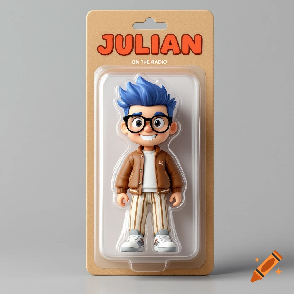 3D cartoon action figure named Julian in packaging