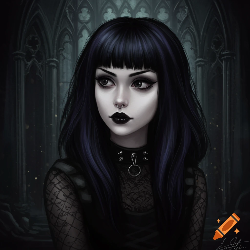 A gothic girl with dark makeup, a nose ring, and a spiked choker.