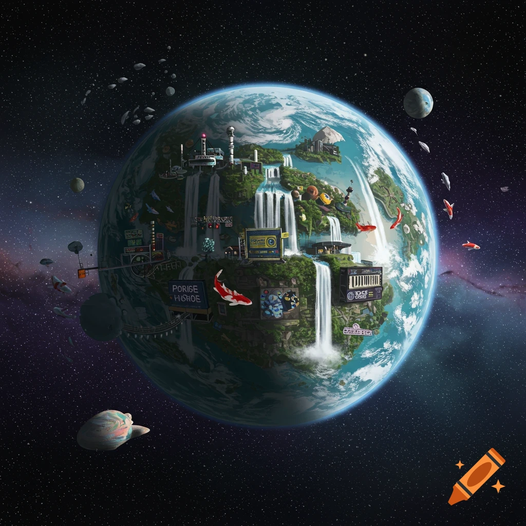 A fantasy planet in space with waterfalls, buildings, and flying koi fish.