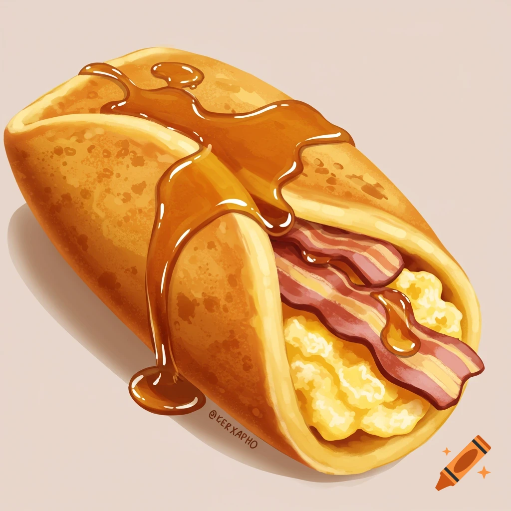 A pancake burrito filled with bacon and scrambled eggs, drizzled with syrup.