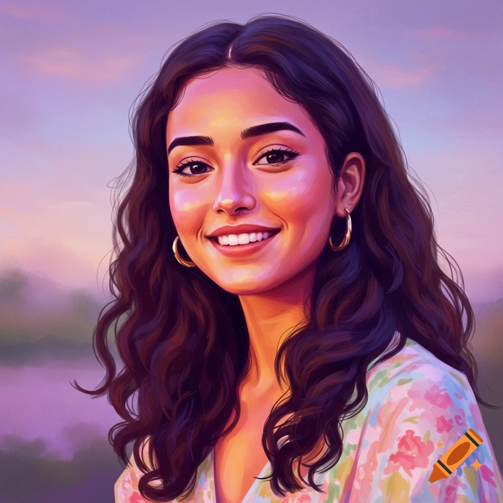 A young woman is smiling and has long dark hair and a floral top.