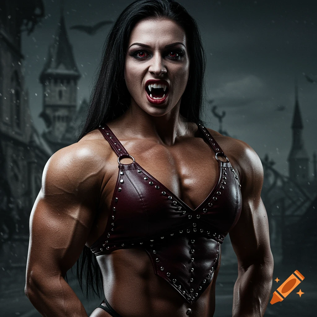 Dramatic cinematic photo of a muscular female bodybuilder vampire with fangs and red eyes in front of a gothic castle.