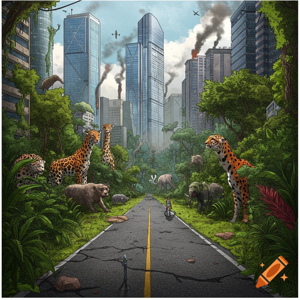 Jungle animals roam a deserted city street with overgrown plants and smoking skyscrapers.